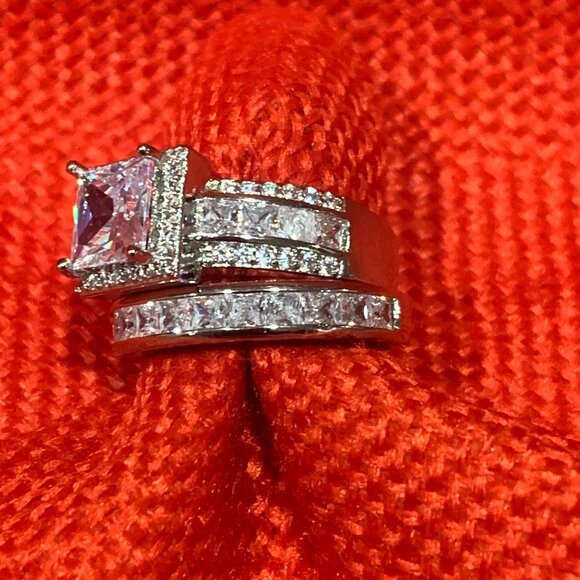 Sterling Silver Plated CZ Wedding Ring Set - Picture 2 of 9